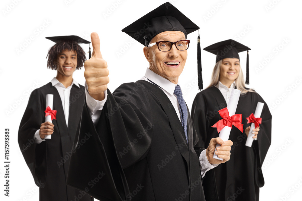 College graduate students and an elderly man in graduation gowns holding diplomas and giving thumbs up College graduate students and an elderly man in graduation gowns holding diplomas and giving thumbs up