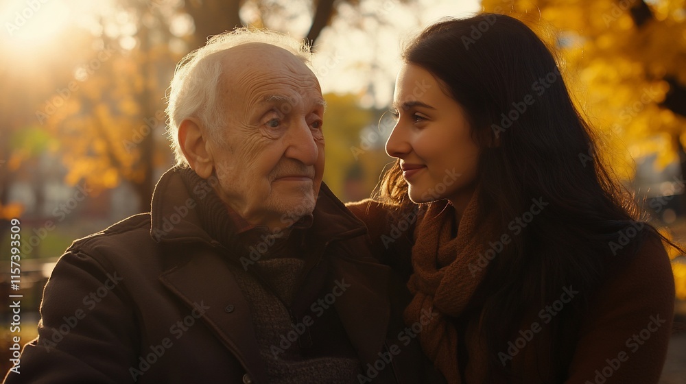 Young woman lovingly embraces elderly grandfather in autumn park. Young woman lovingly embraces elderly grandfather in autumn park.