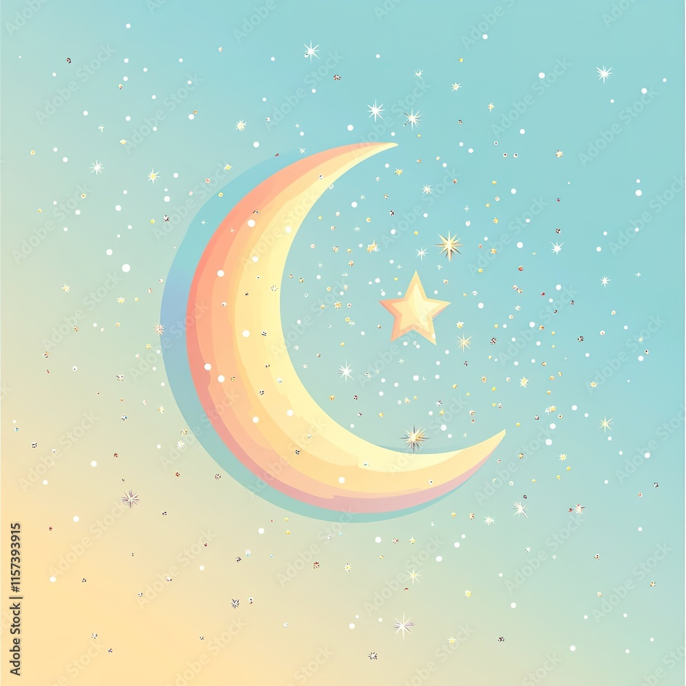 Obraz premium flat illustration of crescent moon and star surrounded by sparkles on seamless pastel gradient background