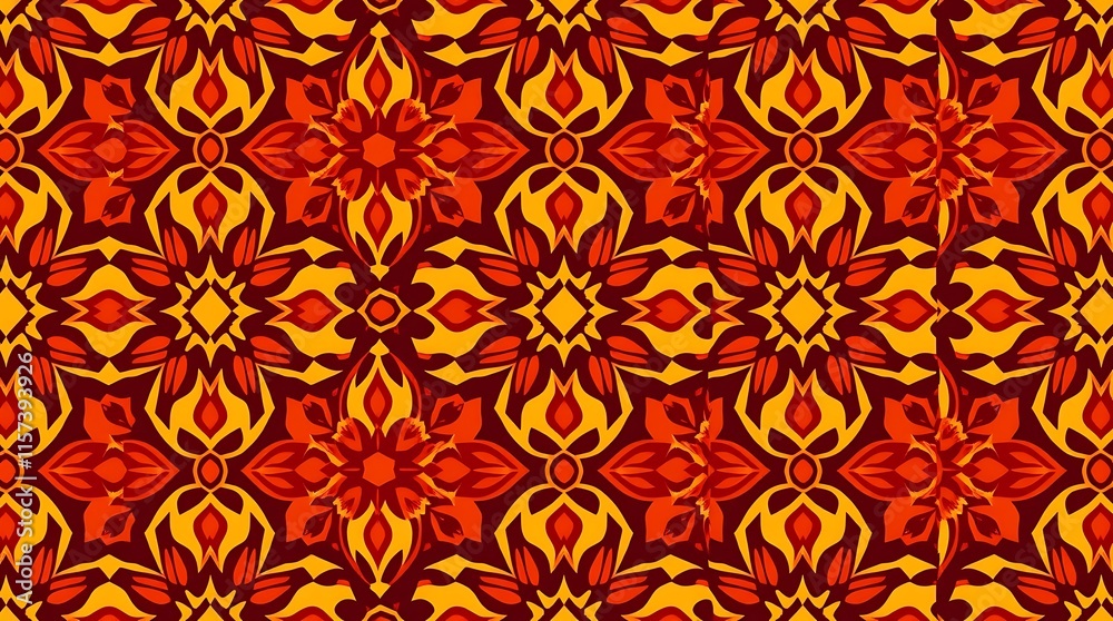 Fiery Floral Textile Pattern: A captivating seamless pattern of stylized flowers in fiery hues of red and gold on a dark background. Ideal for fashion, home decor, and textile design. Fiery Floral Textile Pattern: A captivating seamless pattern of stylized flowers in fiery hues of red and gold on a dark background. Ideal for fashion, home decor, and textile design.