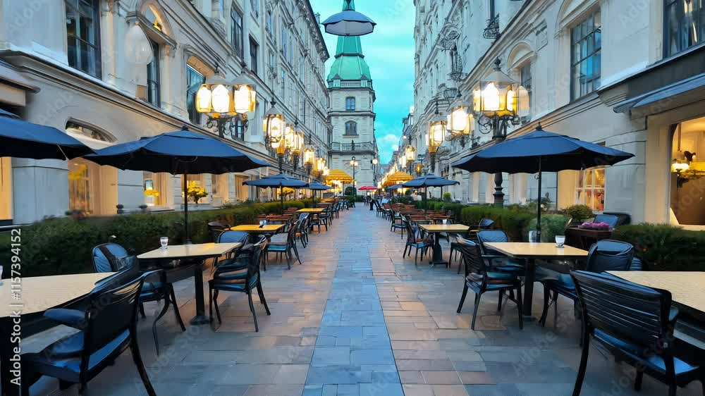 Symmetrical café nighttime scene video, lamps enhances the cozy and balanced composition