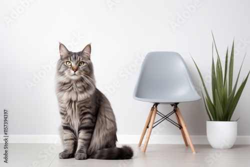 Portrait of a funny american bobtail cat on modern minimalist interior photo