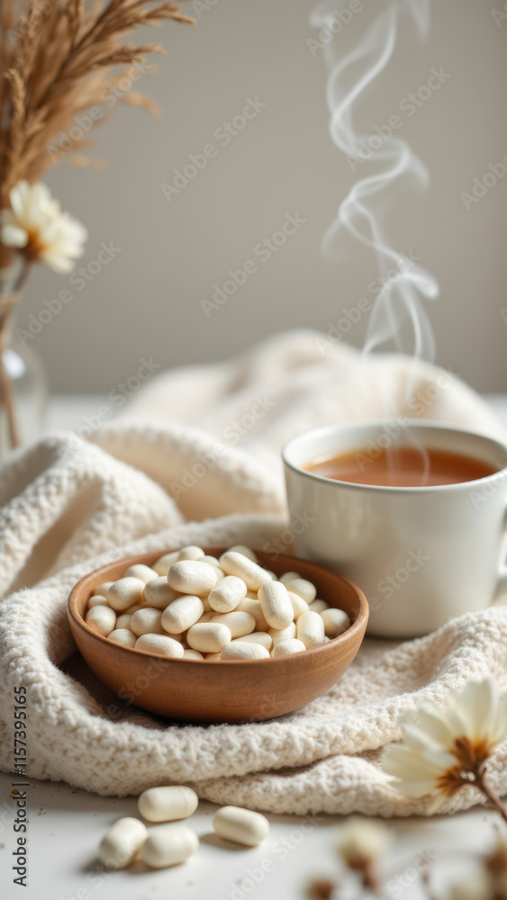 Magnesium capsules in a bowl with a steaming mug of tea on a cozy blanket, suggesting relaxation and health benefits. Magnesium capsules in a bowl with a steaming mug of tea on a cozy blanket, suggesting relaxation and health benefits.