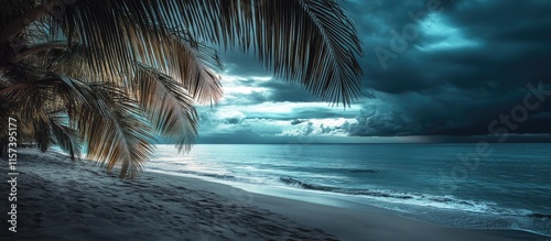 Fototapeta Naklejka Na Ścianę i Meble -  Moody beach scene with palm leaves and dark clouds over the Black Sea at dusk featuring tranquil waters and space for text overlay