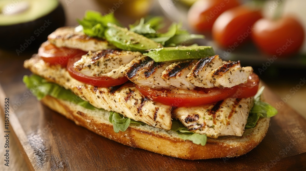 Grilled chicken and avocado sandwich stacked with fresh vegetables on a rustic wooden board with vibrant tomatoes in the background