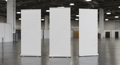 Three empty rollup banners stand. Blank template. Exhibition stand roll-up banners mockup.