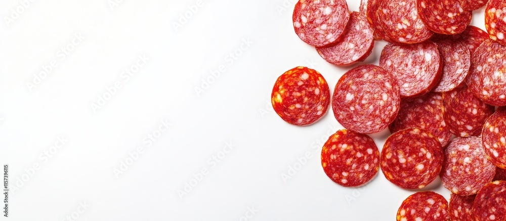 Slices of spicy Italian pepperoni salami arranged on a white background with ample empty space for text and design elements. Slices of spicy Italian pepperoni salami arranged on a white background with ample empty space for text and design elements.