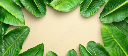 Tropical green banana leaves create a natural frame with ample blank space for text or design elements on a beige background