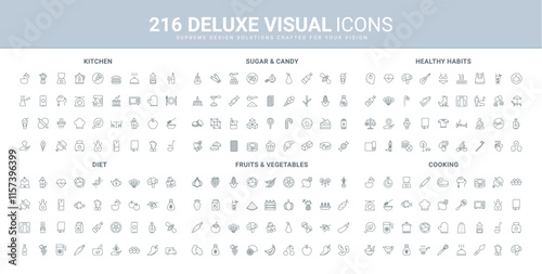 Kitchen tools and cooking equipment, vegetables and fruits, healthy lifestyle, eating and diet line icon set. Life balance and meditation, online recipes thin black outline symbols vector illustration