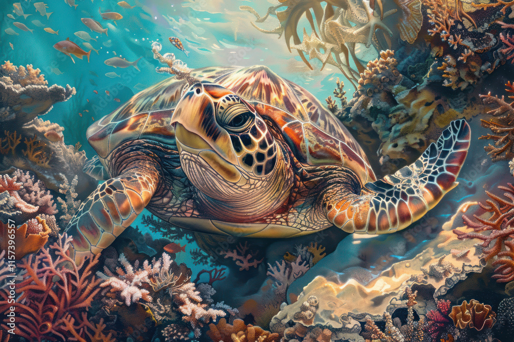 Obraz premium A close-up of a sea turtle feeding on coral amidst a bustling underwater ecosystem