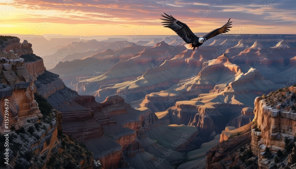 Naklejka premium Majestic Eagle Soars Over Grand Canyon at Sunrise with Vibrant Colors and Dramatic Landscape
