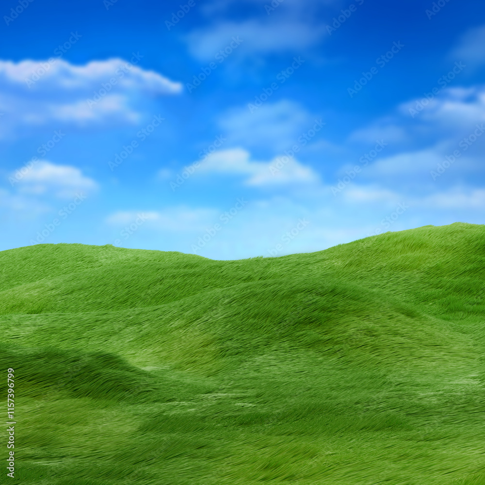 3D illustration featuring grassy hills and a cloudy sky background 3D illustration featuring grassy hills and a cloudy sky background