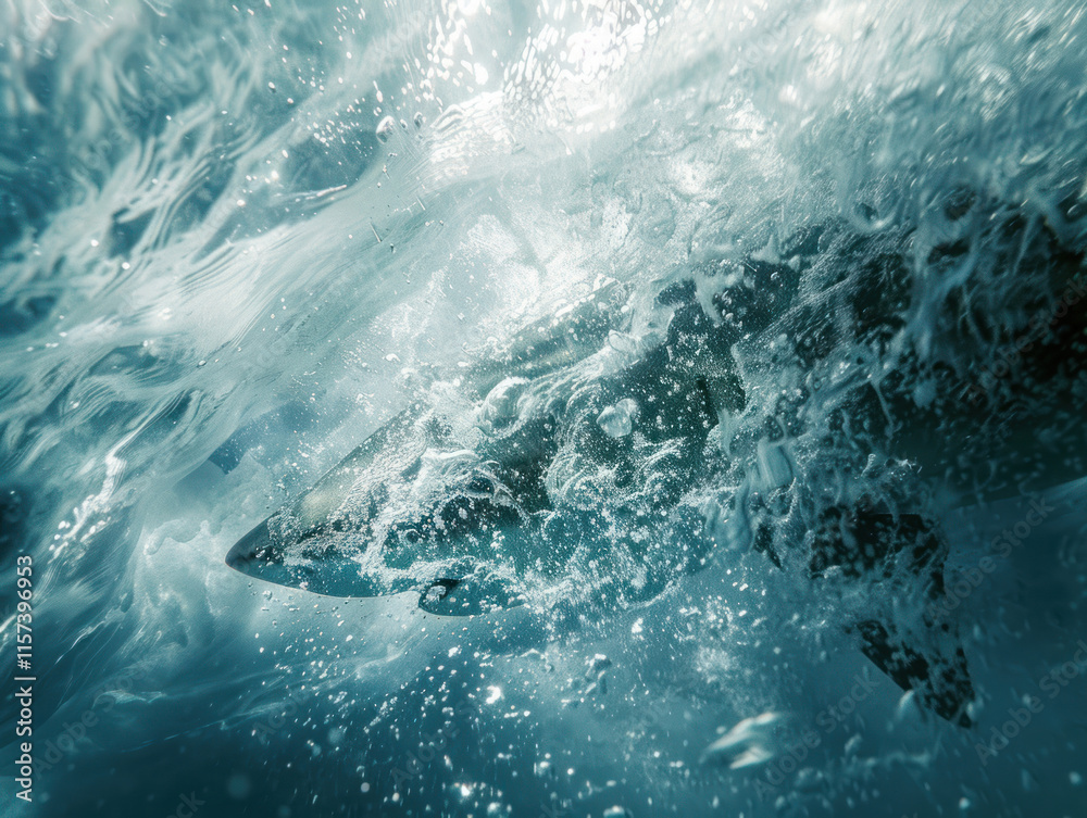 Obraz premium A close-up underwater shot capturing the details of a shark's streamlined body in motion