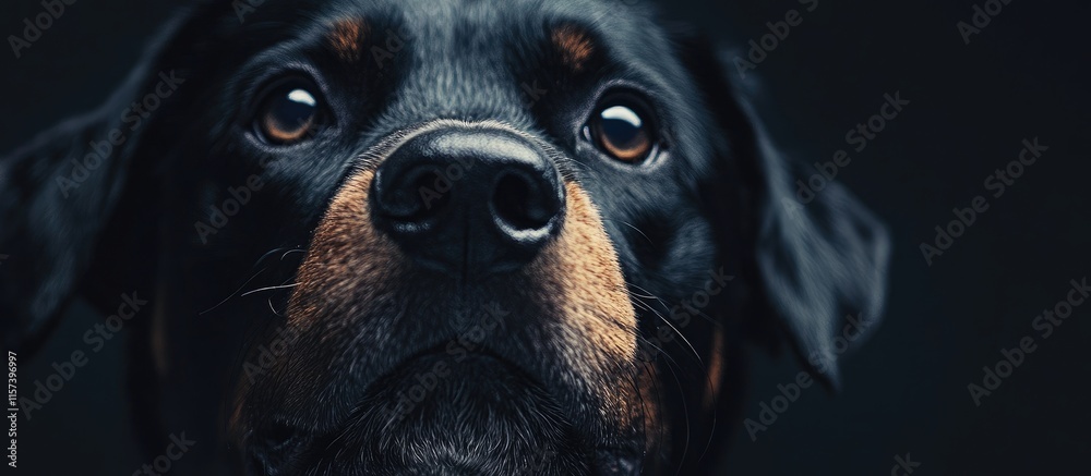 Close up portrait of Rottweiler dog with detailed features in studio lighting and ample space for text or branding elements Close up portrait of Rottweiler dog with detailed features in studio lighting and ample space for text or branding elements