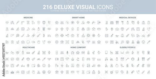 Medicine and laboratory test, medical devices and machines, smart home control line icon set. Communication and games, caregiver services for elderly thin black outline symbols vector illustration