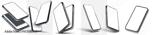 Several sleek smartphones are displayed in various dynamic angles against a white background. The clean lines and reflective surfaces emphasize modern design and technological innovation. Vector