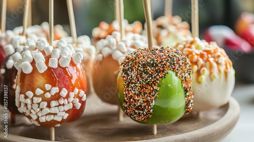 Colorful homemade candy apples with marshmallow topping arranged on a wooden plate for festive Halloween party decoration photo