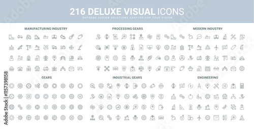 Chemistry and power energy, oil industry and manufacturing, gears of machines and technical tools line icon set. Engineering, AI processing and robot thin black outline symbols vector illustration