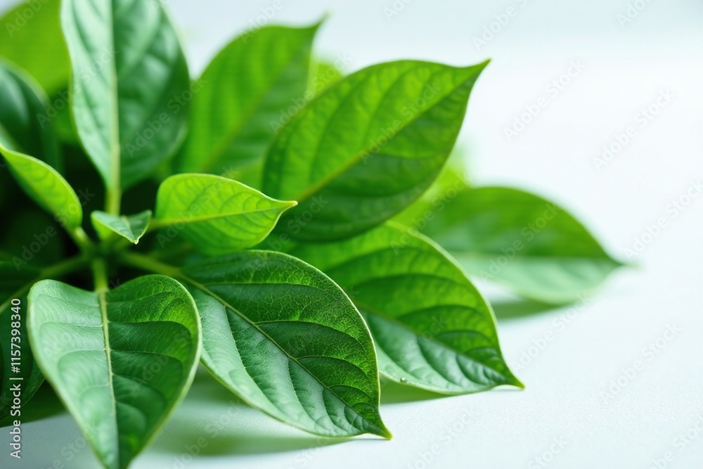 Fototapeta premium Freshly harvested piper nigrum leaves on a white surface, flora, leafy