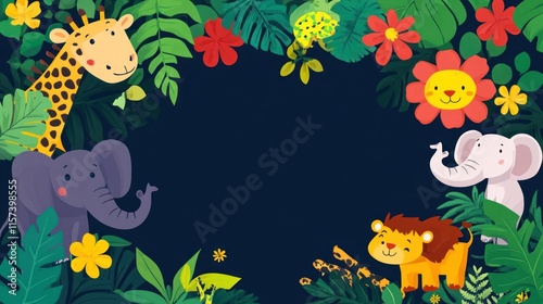 Adorable Jungle Animals Tropical Flowers Dark Background Illustration photo