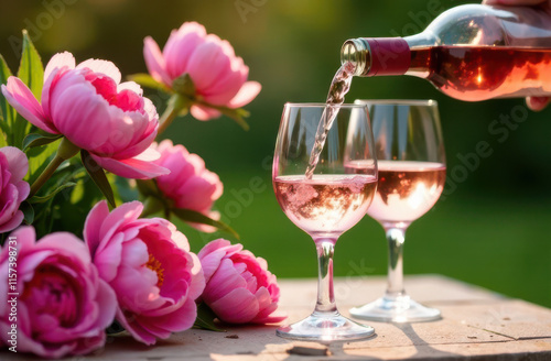 Elegant outdoor setting with rosé wine being poured into glasses, surrounded by blooming pink peonies. Perfect for romantic events, summer celebrations, and wine promotions