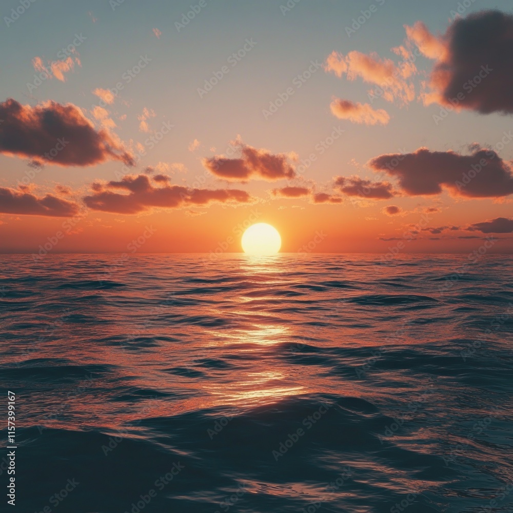 Obraz premium Vibrant sunset over calm ocean waters.