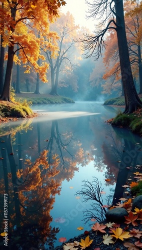 Frozen pond with scattered autumn leaves and mist, pond, peaceful photo