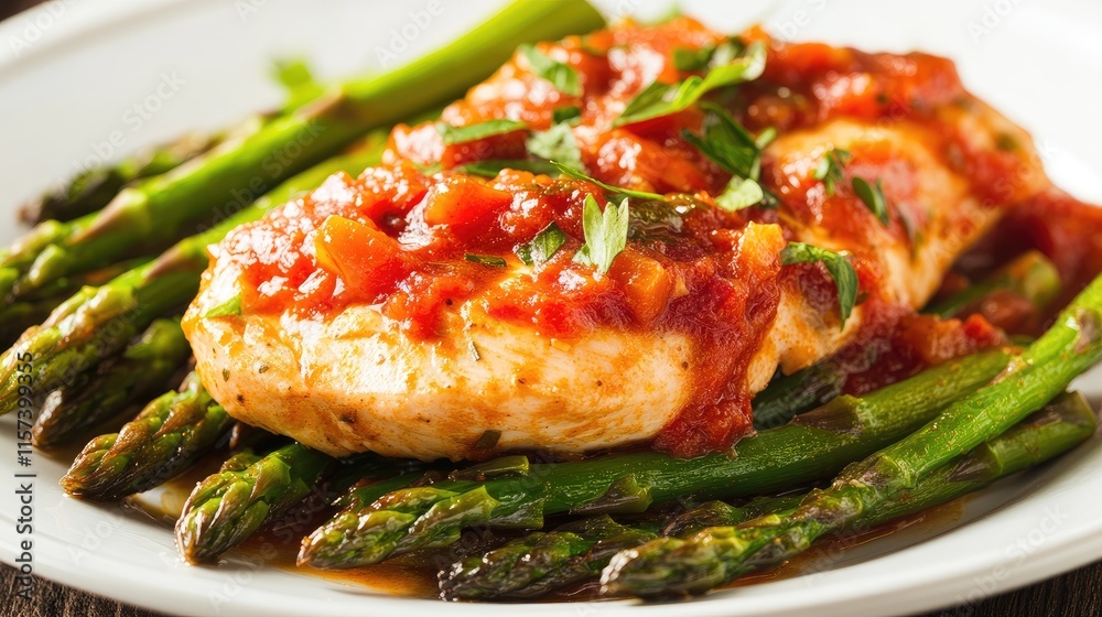 Homemade Chicken Asparagus with Sweet Peppers and Tomato Sauce on a Plate Garnished with Fresh Herbs Homemade Chicken Asparagus with Sweet Peppers and Tomato Sauce on a Plate Garnished with Fresh Herbs