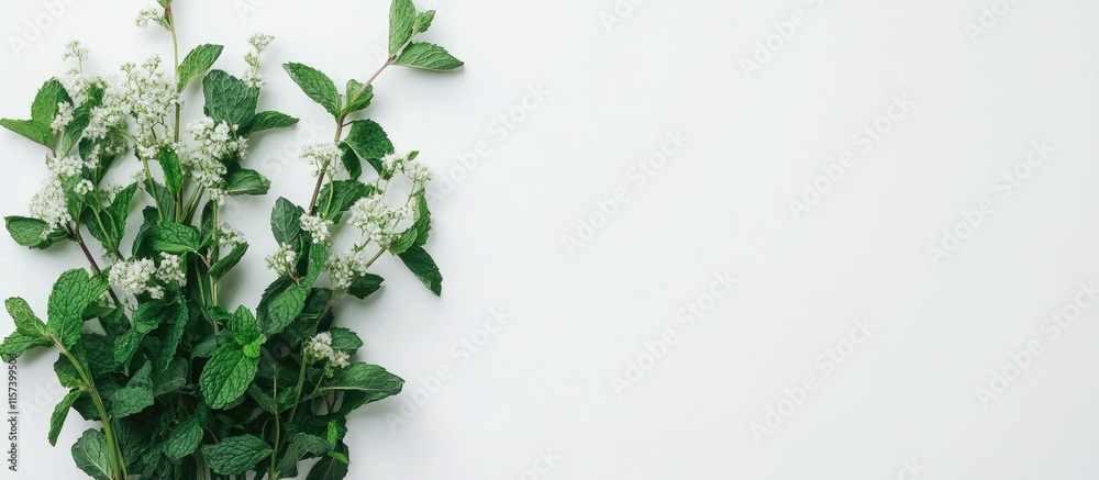 Fresh Mint Herb Bundle on Minimalist White Background with Space for Text or Design Elements Fresh Mint Herb Bundle on Minimalist White Background with Space for Text or Design Elements