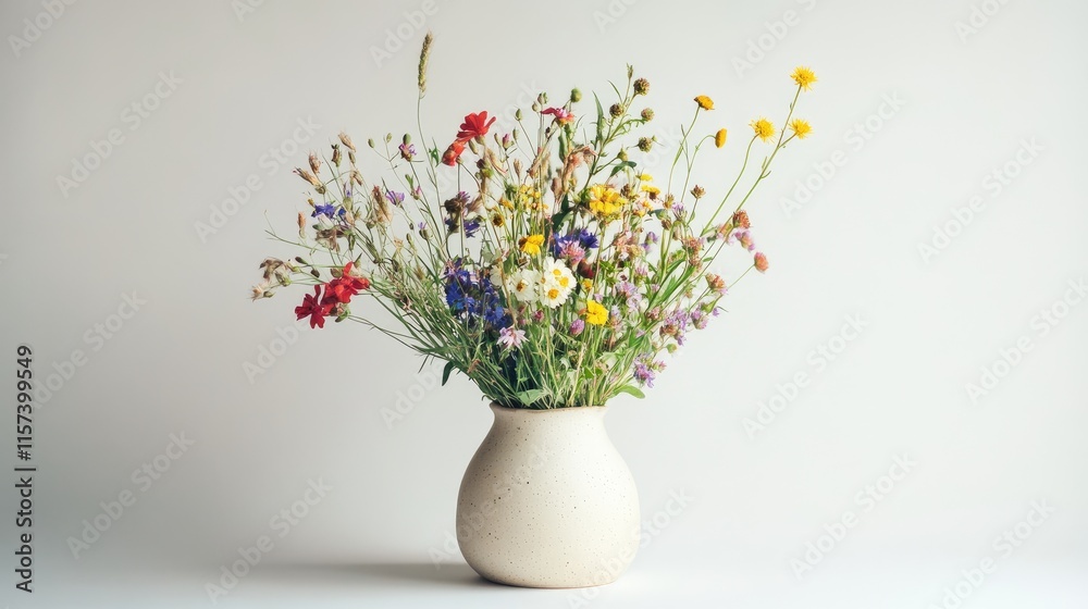 Minimalist ceramic vase showcasing vibrant wild meadow flowers on a neutral background for home decor and floral arrangements