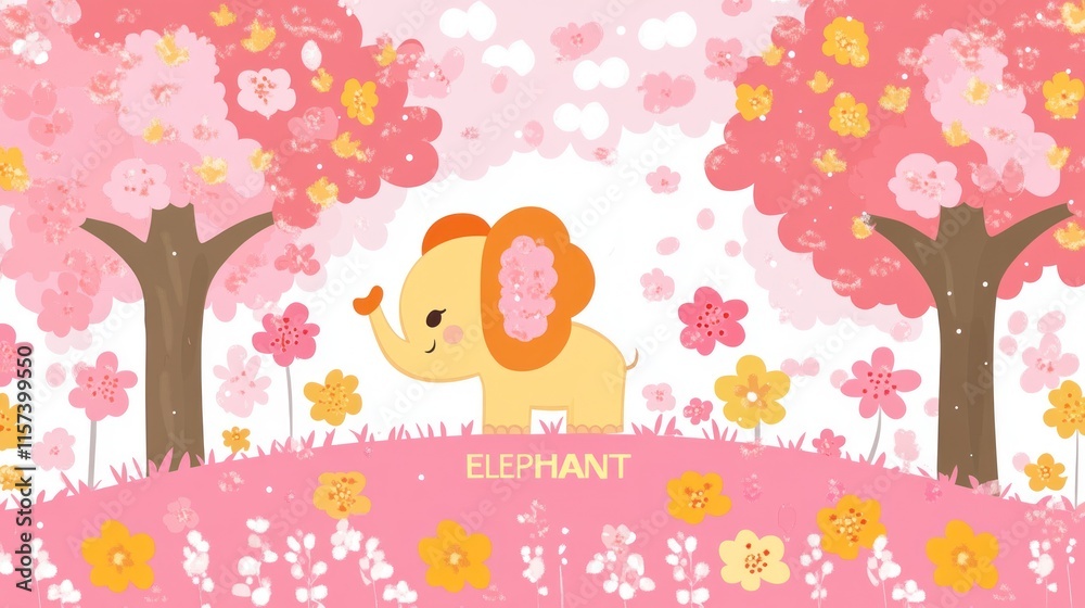 Cute Baby Elephant Spring Blossom Garden Pink Pastel Illustration Cute Baby Elephant Spring Blossom Garden Pink Pastel Illustration