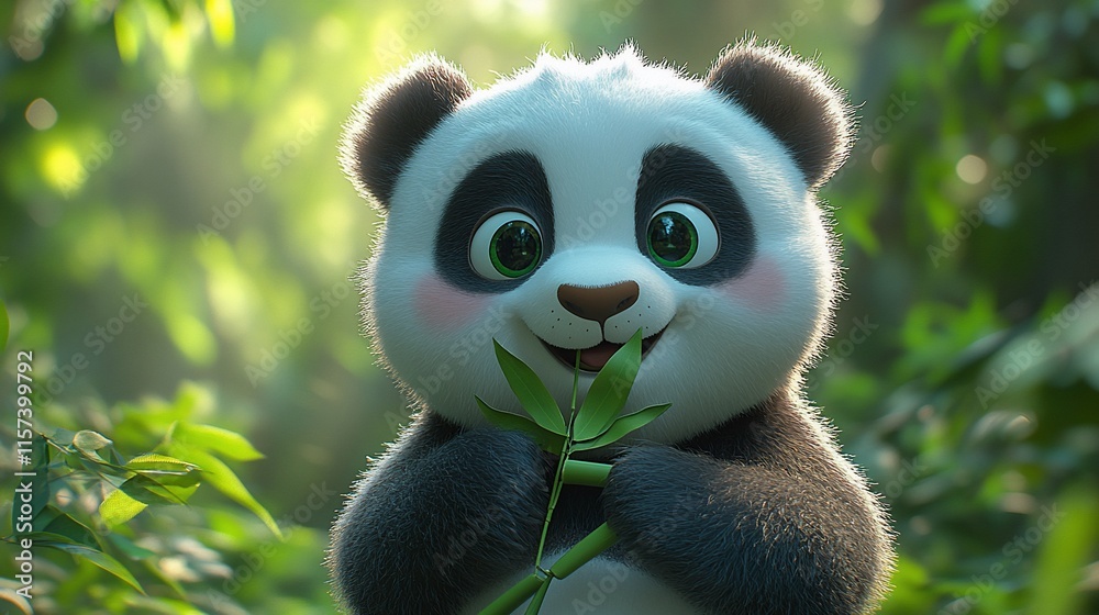 Fototapeta premium Adorable Panda Cub Enjoying Bamboo in Lush Forest