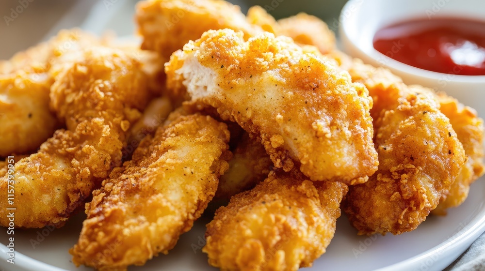 Crispy Breaded Chicken Strips on Skewers Served with Dipping Sauce for Delicious Homemade Appetizer Crispy Breaded Chicken Strips on Skewers Served with Dipping Sauce for Delicious Homemade Appetizer