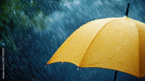 Yellow Umbrella in Rain with Raindrops on Canopy Isolated on Soft Focus Background