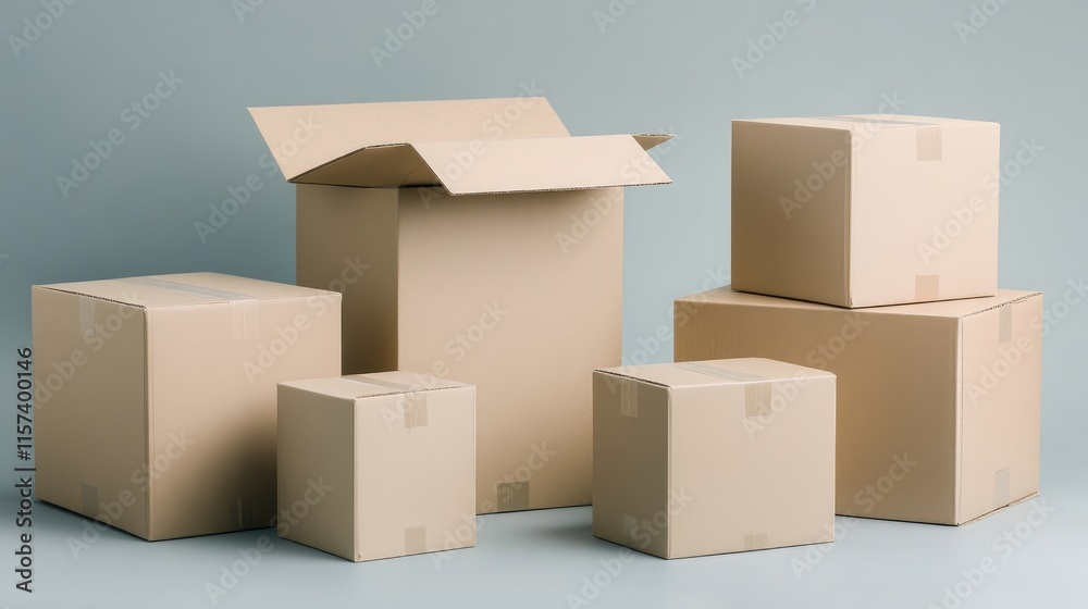 Variety of opened and closed cardboard boxes on a soft gray background showcasing ideal packaging solutions for shipping and storage needs Variety of opened and closed cardboard boxes on a soft gray background showcasing ideal packaging solutions for shipping and storage needs