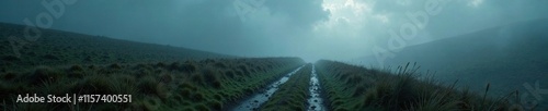 Grim dark mist swirling around a moorland track, path, eerie