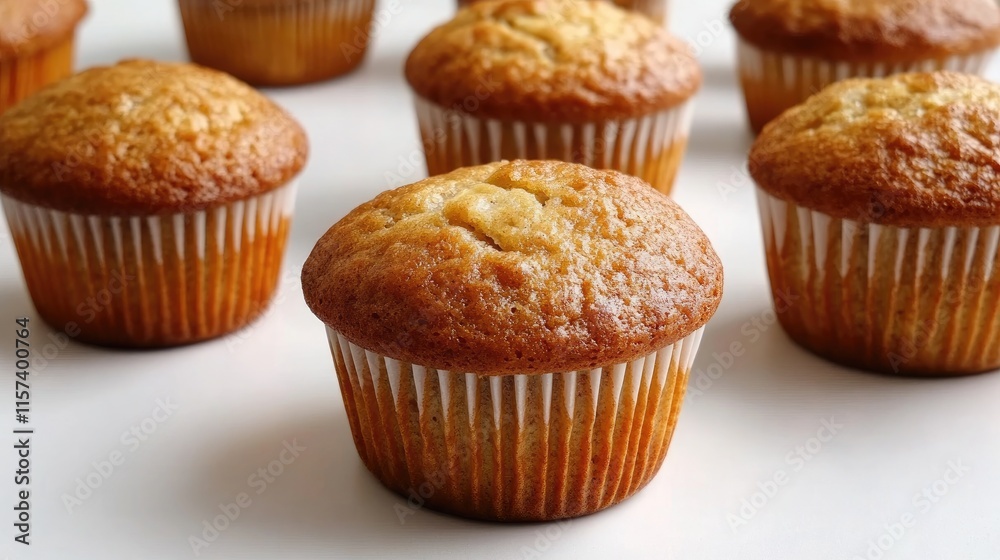 Homemade banana oat muffins arranged on a white table A delicious golden treat perfect for breakfast or dessert enjoyment Homemade banana oat muffins arranged on a white table A delicious golden treat perfect for breakfast or dessert enjoyment