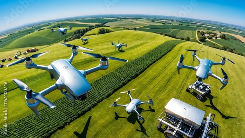 A high-angled aerial shot of a vast, sun-kissed agricultural landscape with rolling hills and lush green fields, with a few drones flying in the sky, equipped with high-tech cameras and sensors, surve photo