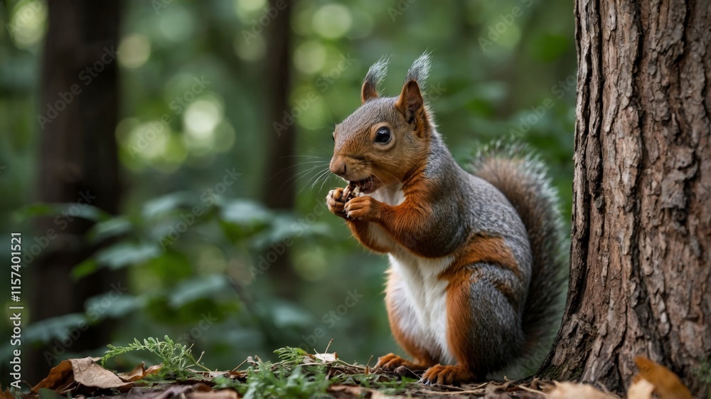 Focused Squirrel Facing Off Over Food in Natural Forest Setting Focused Squirrel Facing Off Over Food in Natural Forest Setting