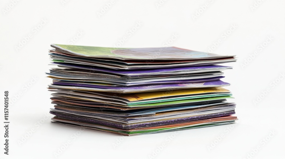 A Vibrant Stack of Colorful Magazines and Brochures Piled Neatly on a White Background Displaying Variety and Brightness in Design Elements A Vibrant Stack of Colorful Magazines and Brochures Piled Neatly on a White Background Displaying Variety and Brightness in Design Elements