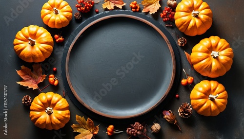 Elegant Top View of Round Plate Surrounded by Autumn Pumpkins and Seasonal Accents photo