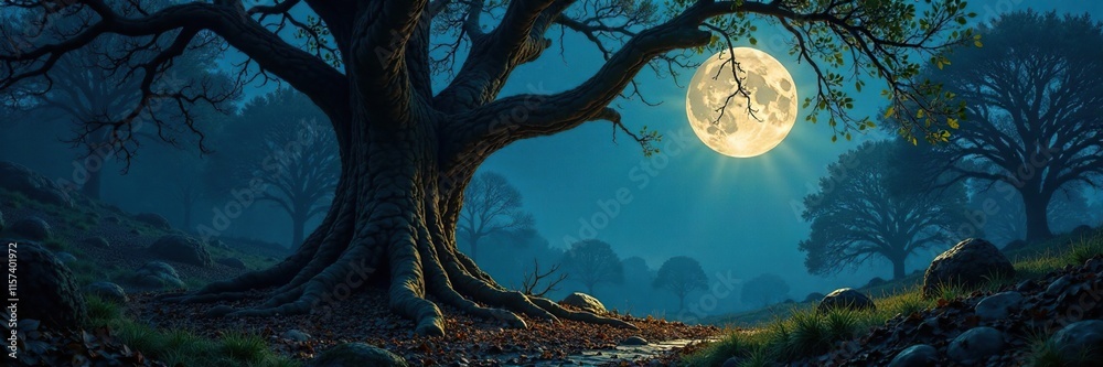 Fototapeta premium Moonlit forest floor with intricate tree details, forest floor, branches, earthy tones