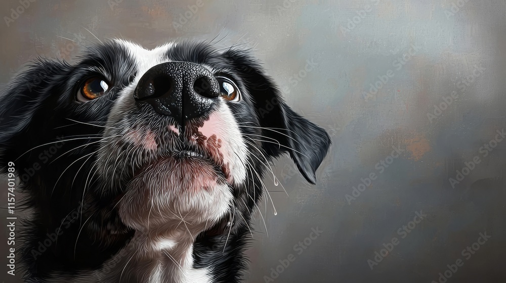 A close-up of a black and white dog with expressive eyes, gazing upward against a blurred background. A close-up of a black and white dog with expressive eyes, gazing upward against a blurred background.