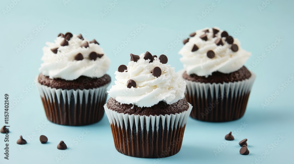 Homemade chocolate cupcakes topped with creamy coconut and chocolate chips on a blue background perfect for holiday dessert celebrations Homemade chocolate cupcakes topped with creamy coconut and chocolate chips on a blue background perfect for holiday dessert celebrations