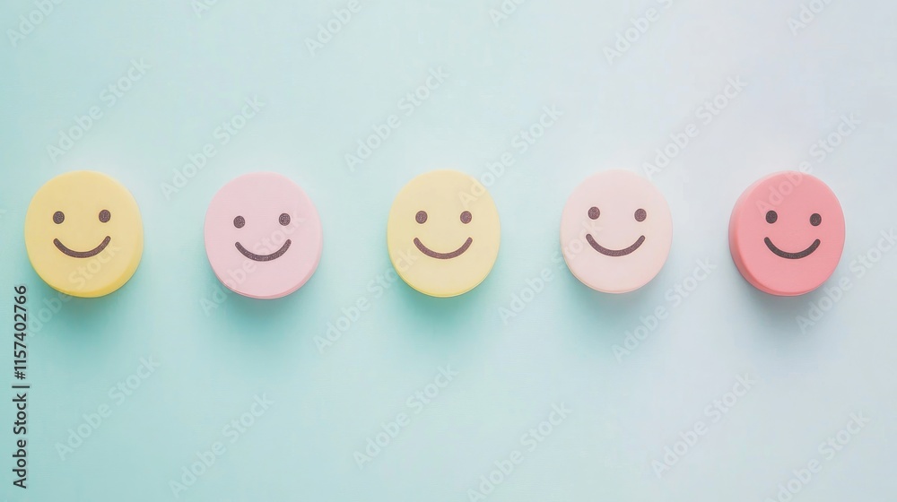 Smiling pastel colored emoticons on a soft background conveying positivity and optimism through a motivational and inspiring message Smiling pastel colored emoticons on a soft background conveying positivity and optimism through a motivational and inspiring message