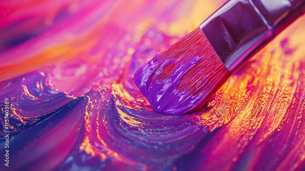 A vibrant close-up of a paintbrush gliding across colorful, textured paint, showcasing hues of purple, pink, and orange.