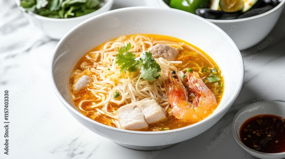 Delicious bowl of aromatic noodle soup featuring shrimp and fresh herbs in a minimalist kitchen setting Delicious bowl of aromatic noodle soup featuring shrimp and fresh herbs in a minimalist kitchen setting