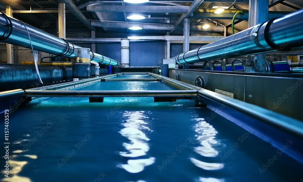 A modern facility with illuminated water tanks, likely for research or industrial use.
