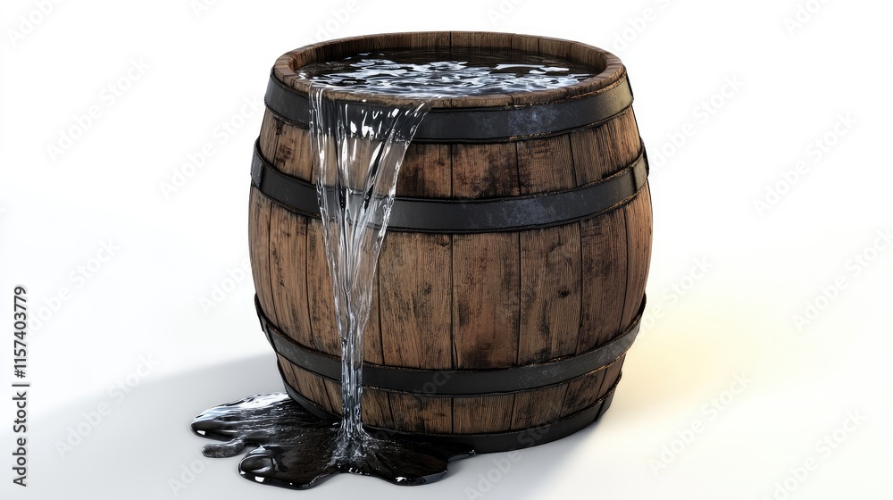 Fototapeta premium Wooden barrel overflowing with liquid creating a dramatic visual composition for artistic or thematic use in publications or advertisements.