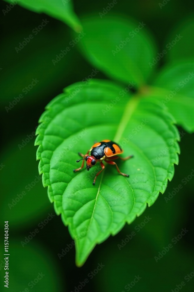 Resting insect on a lush green leaf, with intricate veins, peaceful, still life Resting insect on a lush green leaf, with intricate veins, peaceful, still life